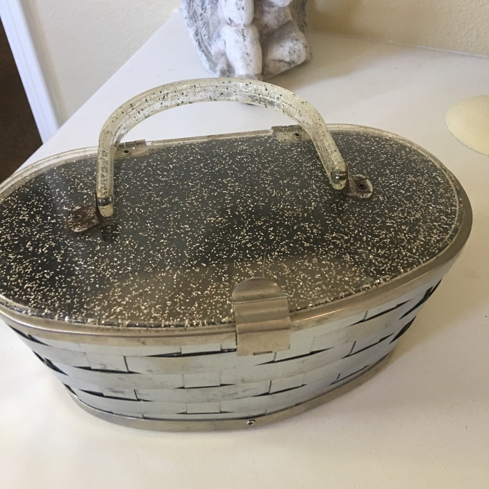 Lucite metal basket vintage can metallic purse or cosmetic travel trunk 60s